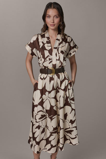 SHORT SLEEVE FLORAL MIDI A-LINE DRESS