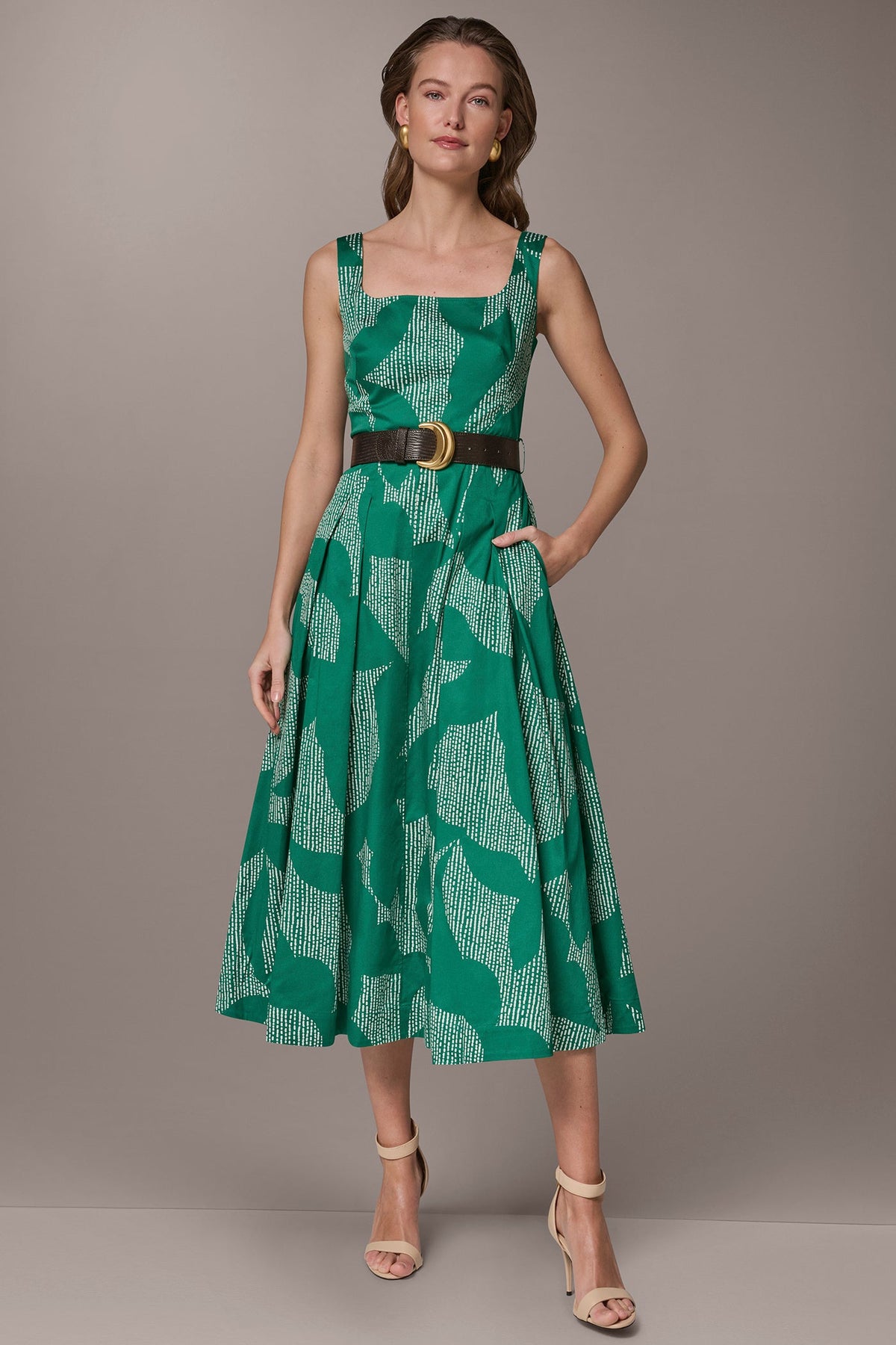 STRETCH COTTON-POPLIN PRINTED PLEATED MIDI A-LINE DRESS