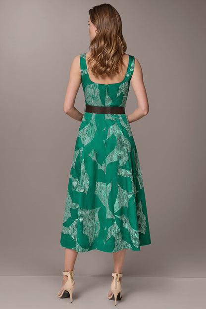 STRETCH COTTON-POPLIN PRINTED PLEATED MIDI A-LINE DRESS