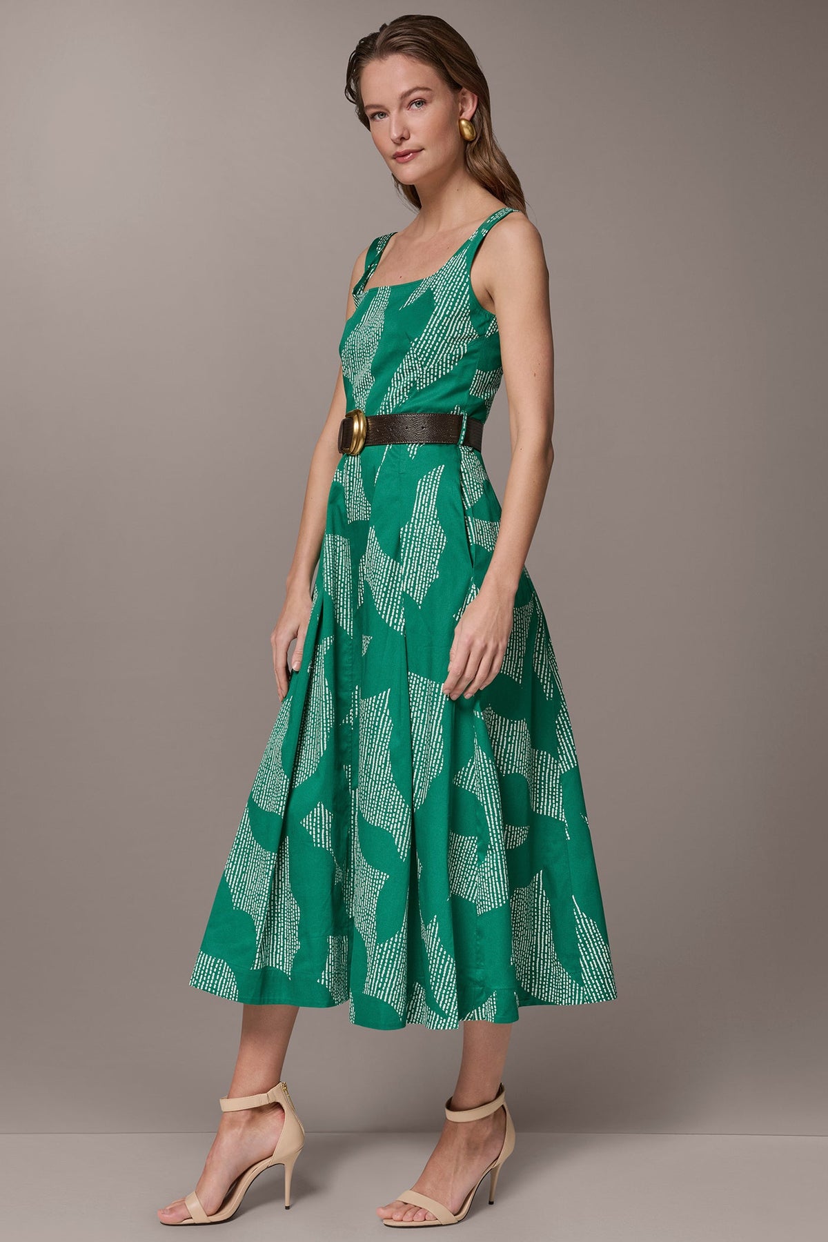 STRETCH COTTON-POPLIN PRINTED PLEATED MIDI A-LINE DRESS