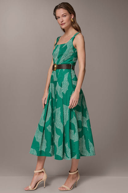 STRETCH COTTON-POPLIN PRINTED PLEATED MIDI A-LINE DRESS