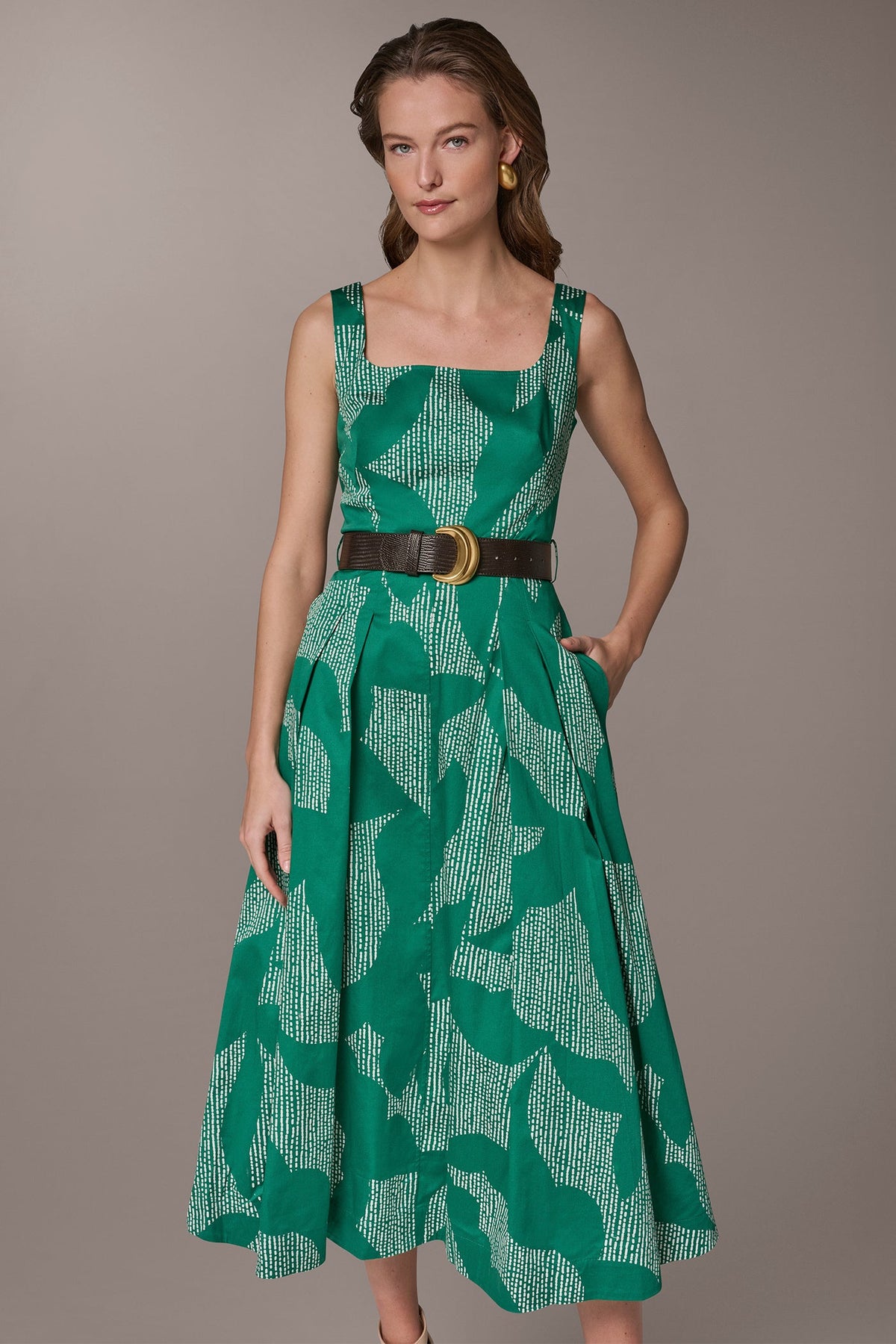 STRETCH COTTON-POPLIN PRINTED PLEATED MIDI A-LINE DRESS