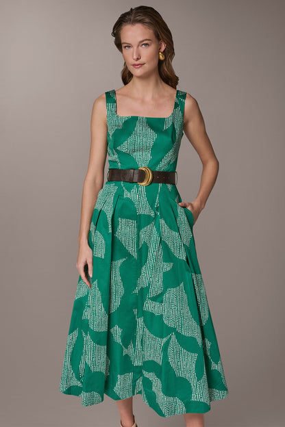 STRETCH COTTON-POPLIN PRINTED PLEATED MIDI A-LINE DRESS
