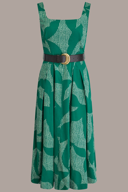 STRETCH COTTON-POPLIN PRINTED PLEATED MIDI A-LINE DRESS