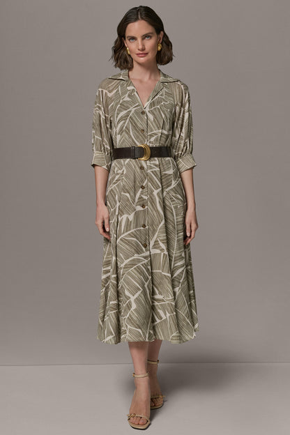 ABSTRACT BELTED A LINE MIDI SHIRT DRESS
