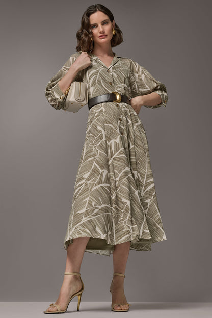 ABSTRACT BELTED A LINE MIDI SHIRT DRESS