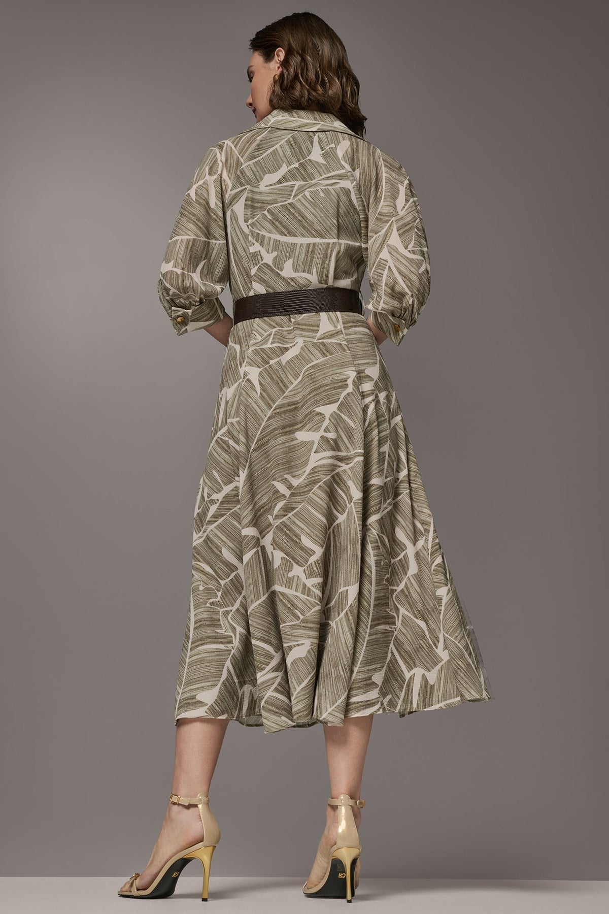 ABSTRACT BELTED A LINE MIDI SHIRT DRESS
