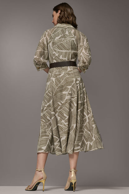 ABSTRACT BELTED A LINE MIDI SHIRT DRESS
