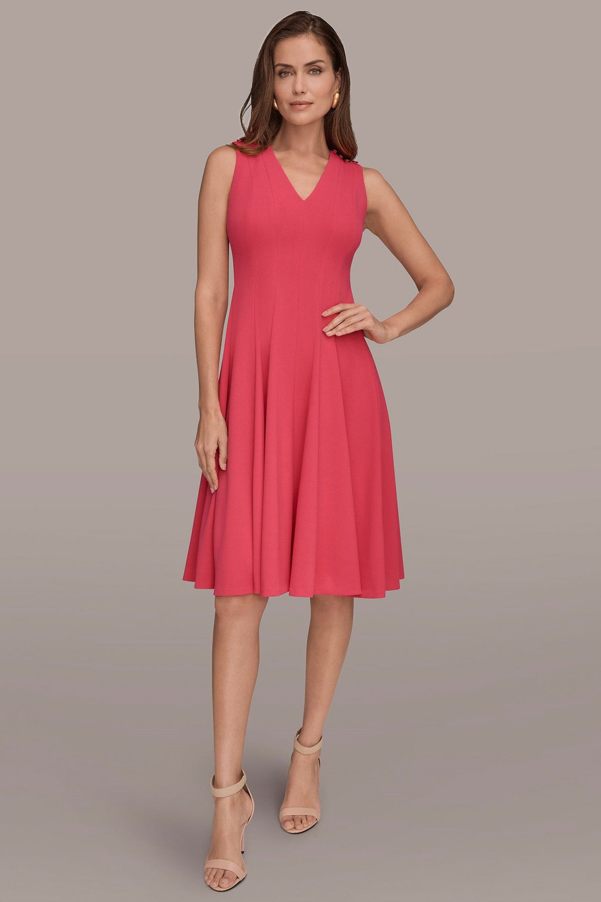 SLEEVELESS BUTTON MIDI FIT AND FLARE DRESS