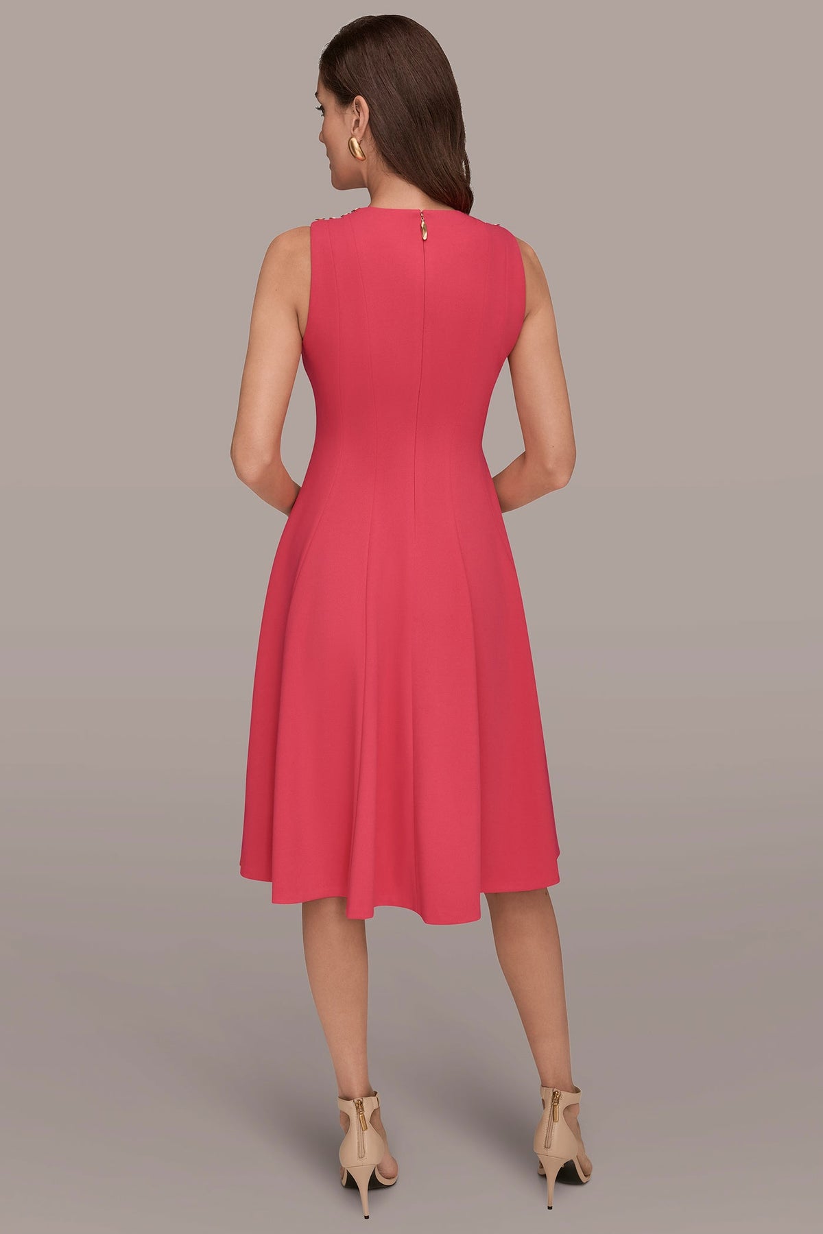 SLEEVELESS BUTTON MIDI FIT AND FLARE DRESS