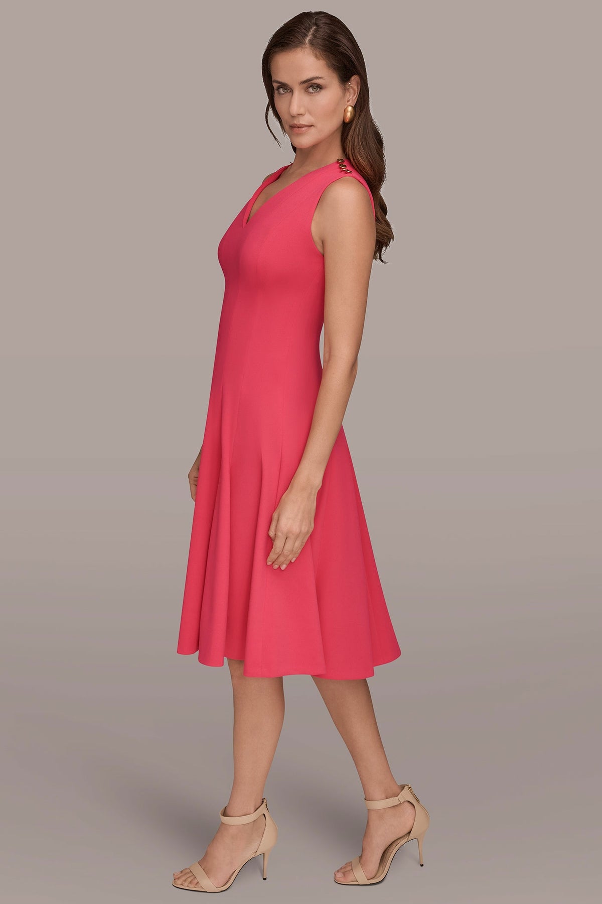 SLEEVELESS BUTTON MIDI FIT AND FLARE DRESS