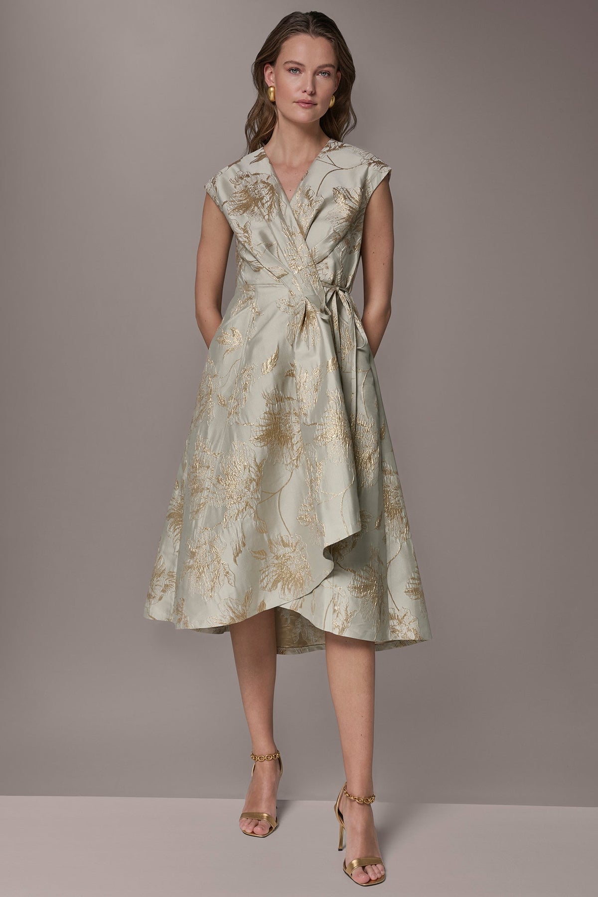 FLORAL-JACQUARD MIDI WRAP DRESS