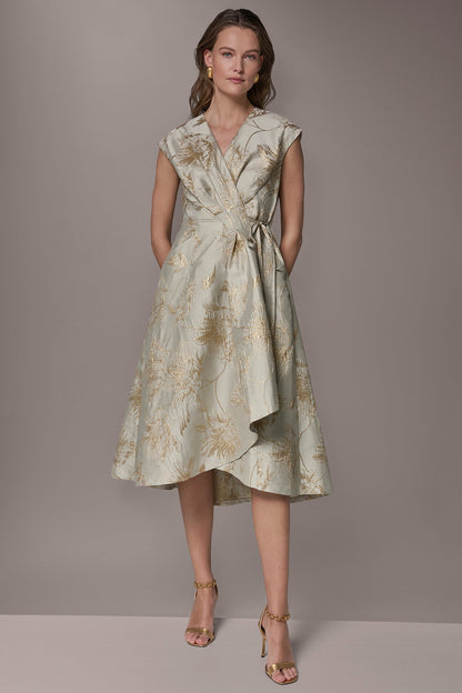 FLORAL-JACQUARD MIDI WRAP DRESS