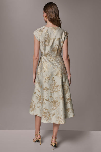 FLORAL-JACQUARD MIDI WRAP DRESS
