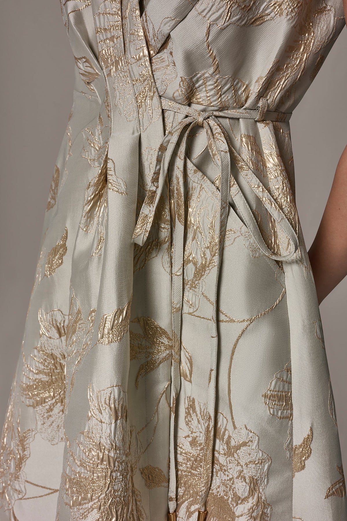 FLORAL-JACQUARD MIDI WRAP DRESS