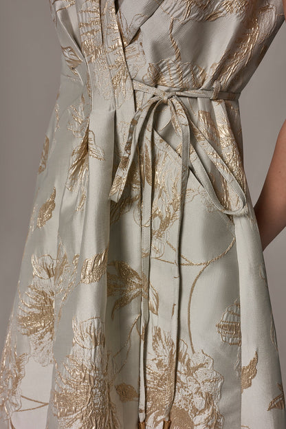 FLORAL-JACQUARD MIDI WRAP DRESS