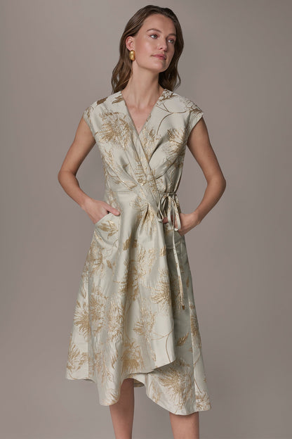 FLORAL-JACQUARD MIDI WRAP DRESS