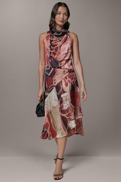 SLEEVELESS COWL NECK MIDI A-LINE DRESS