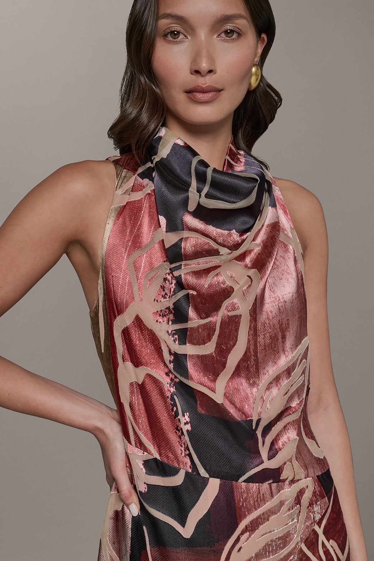 SLEEVELESS COWL NECK MIDI A-LINE DRESS