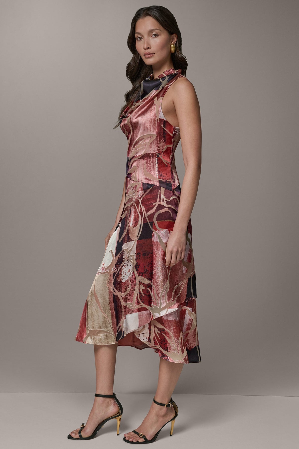 SLEEVELESS COWL NECK MIDI A-LINE DRESS