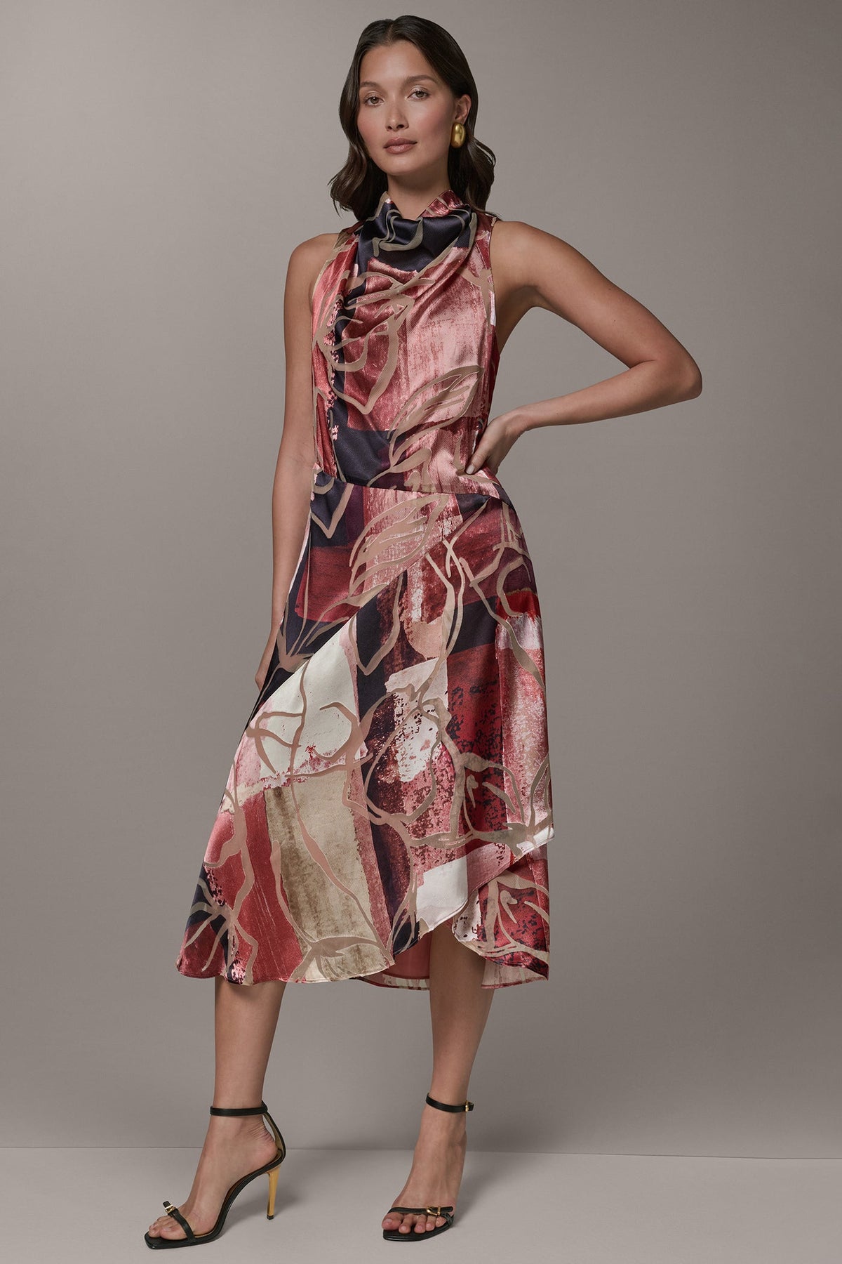 SLEEVELESS COWL NECK MIDI A-LINE DRESS