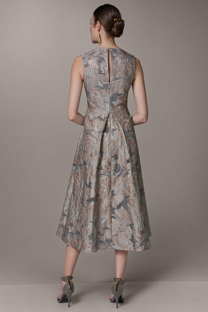 SLEEVELESS FLORAL MIDI FIT AND FLARE GOWN