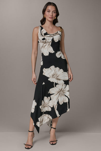 SLEEVELESS COWL-NECK ASYMMETRIC FLORAL MIDI DRESS