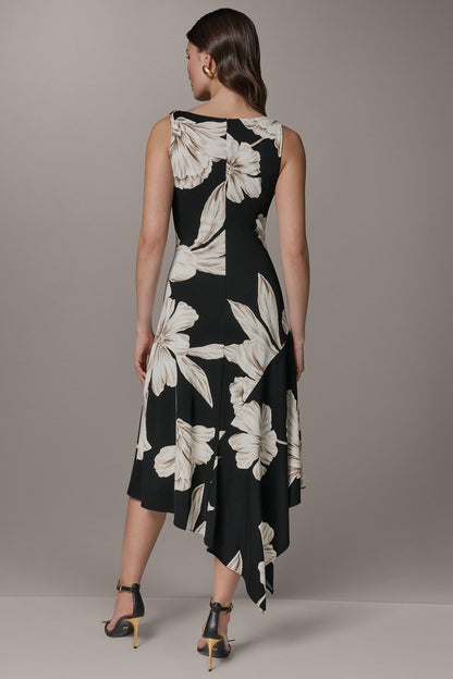 SLEEVELESS COWL-NECK ASYMMETRIC FLORAL MIDI DRESS