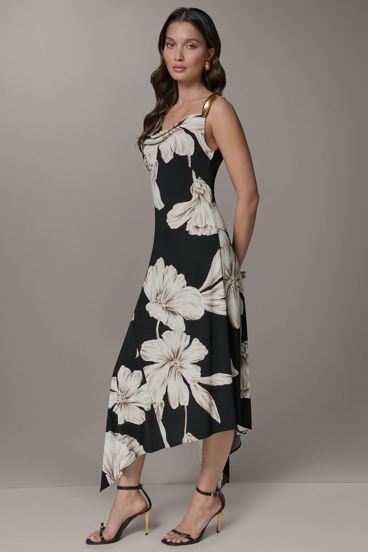 SLEEVELESS COWL-NECK ASYMMETRIC FLORAL MIDI DRESS