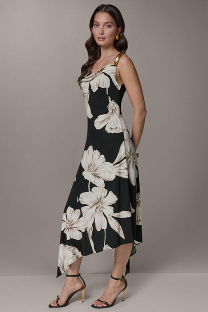 SLEEVELESS COWL-NECK ASYMMETRIC FLORAL MIDI DRESS