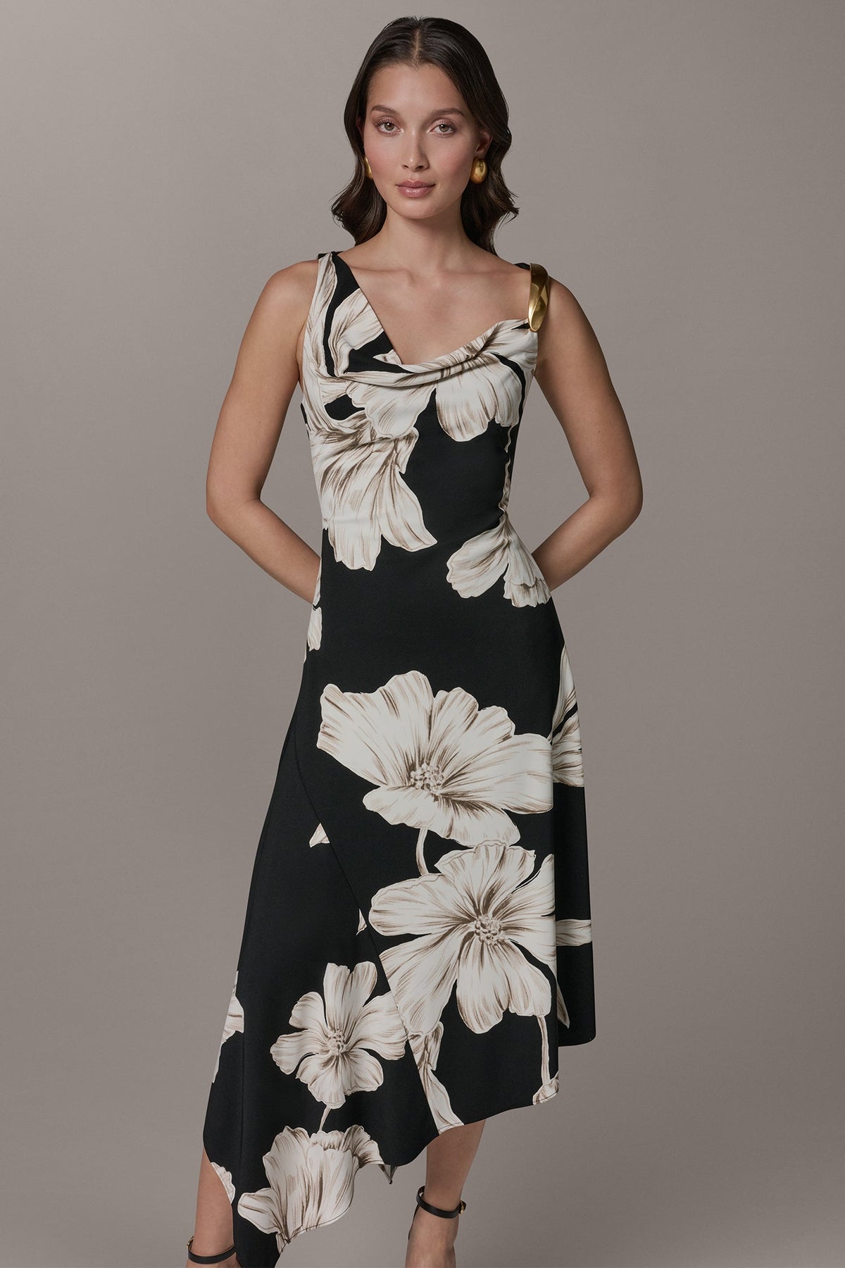SLEEVELESS COWL-NECK ASYMMETRIC FLORAL MIDI DRESS