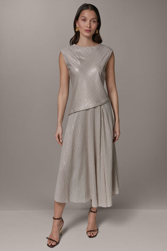 CAP SLEEVE ASYMMETRIC MIDI FIT AND FLARE DRESS