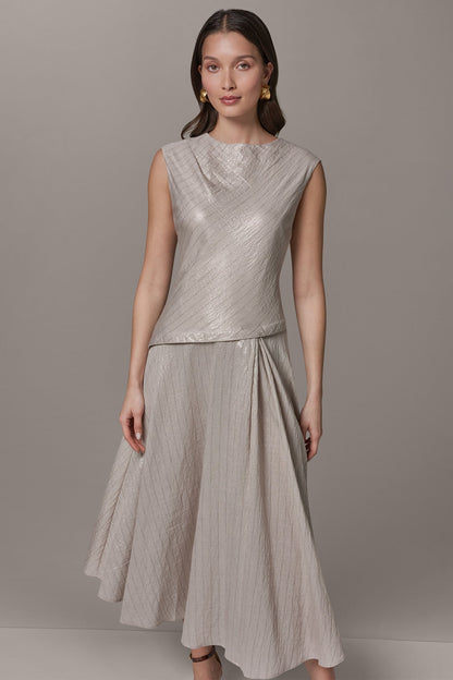 CAP SLEEVE ASYMMETRIC MIDI FIT AND FLARE DRESS