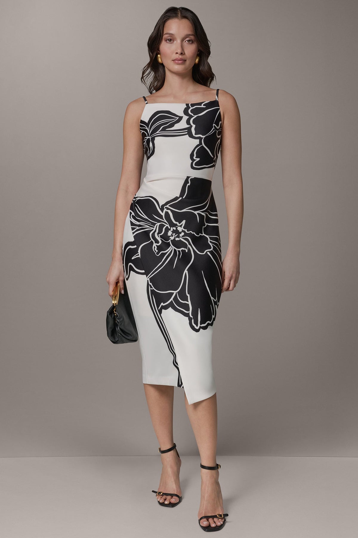 SLEEVELESS TWO-TONE FLORAL MIDI SHEATH DRESS