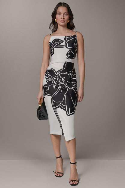 SLEEVELESS TWO-TONE FLORAL MIDI SHEATH DRESS