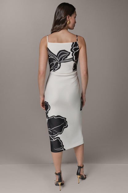 SLEEVELESS TWO-TONE FLORAL MIDI SHEATH DRESS
