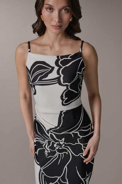SLEEVELESS TWO-TONE FLORAL MIDI SHEATH DRESS