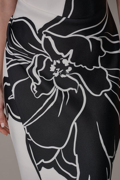 SLEEVELESS TWO-TONE FLORAL MIDI SHEATH DRESS