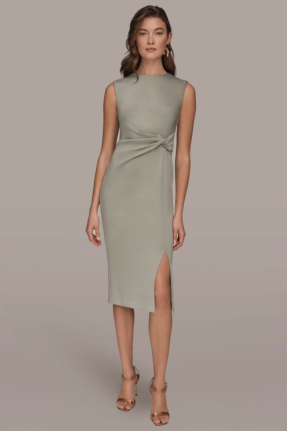 SLEEVELESS CREW-NECK TWIST MIDI SHEATH DRESS