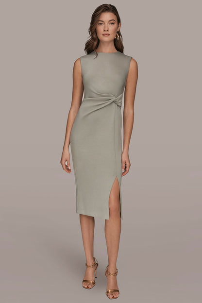 SLEEVELESS CREW-NECK TWIST MIDI SHEATH DRESS
