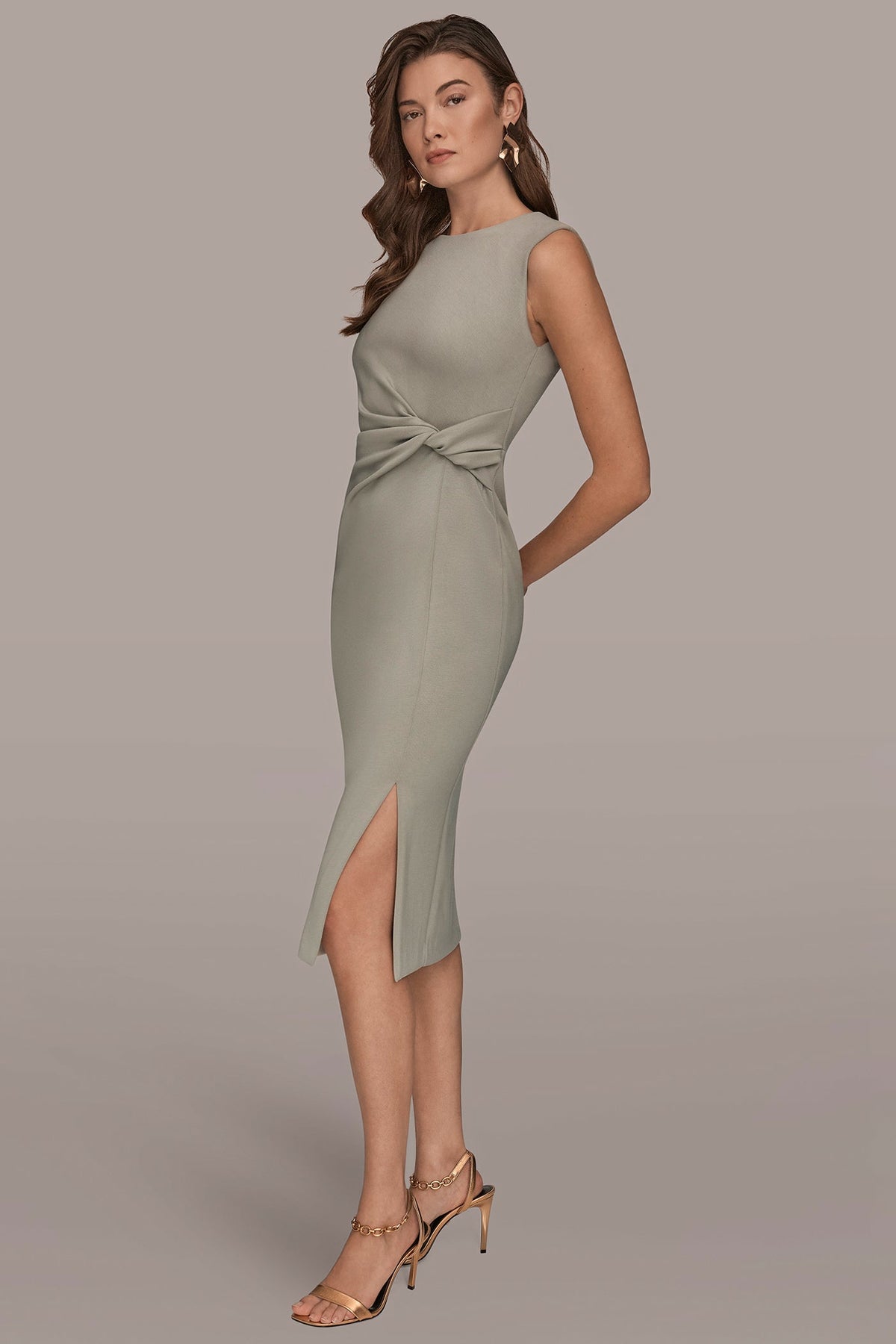 SLEEVELESS CREW-NECK TWIST MIDI SHEATH DRESS