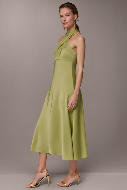 SATIN MIDI A-LINE HALTER DRESS