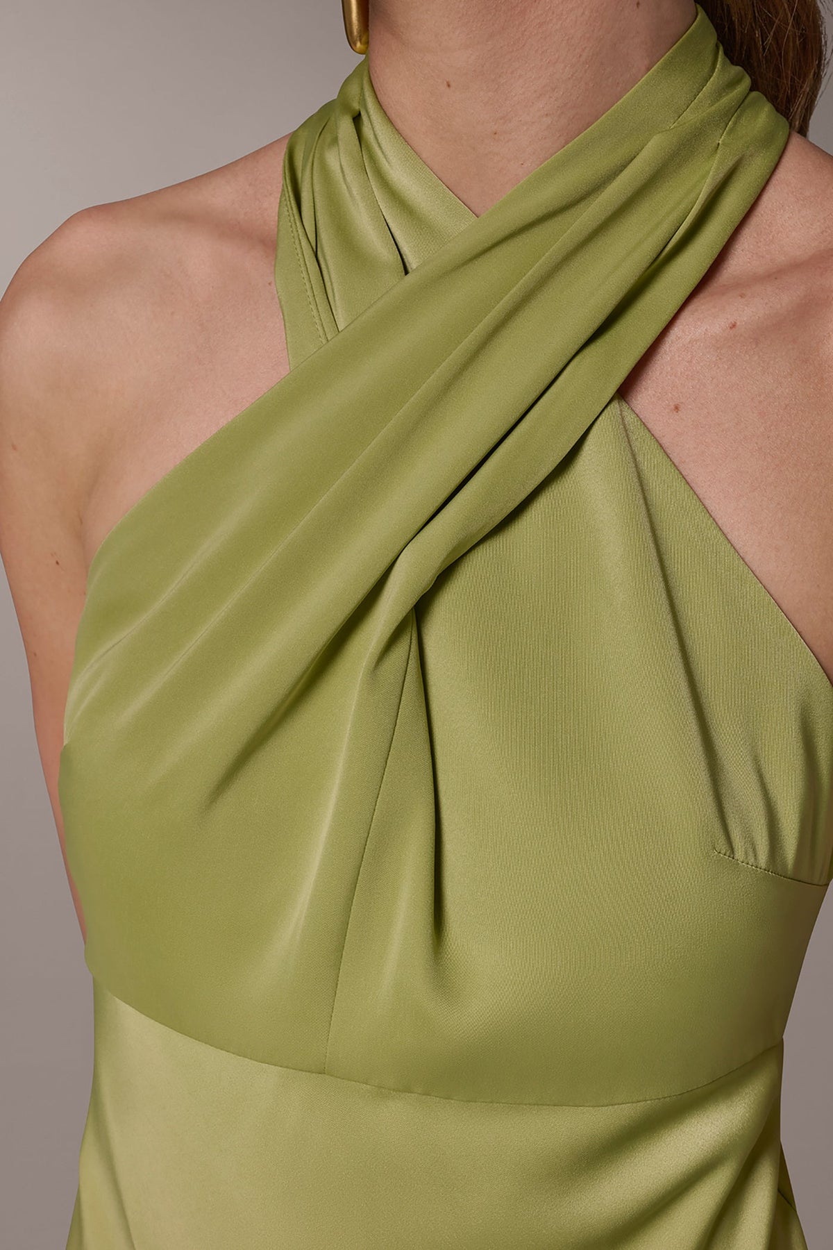 SATIN MIDI A-LINE HALTER DRESS