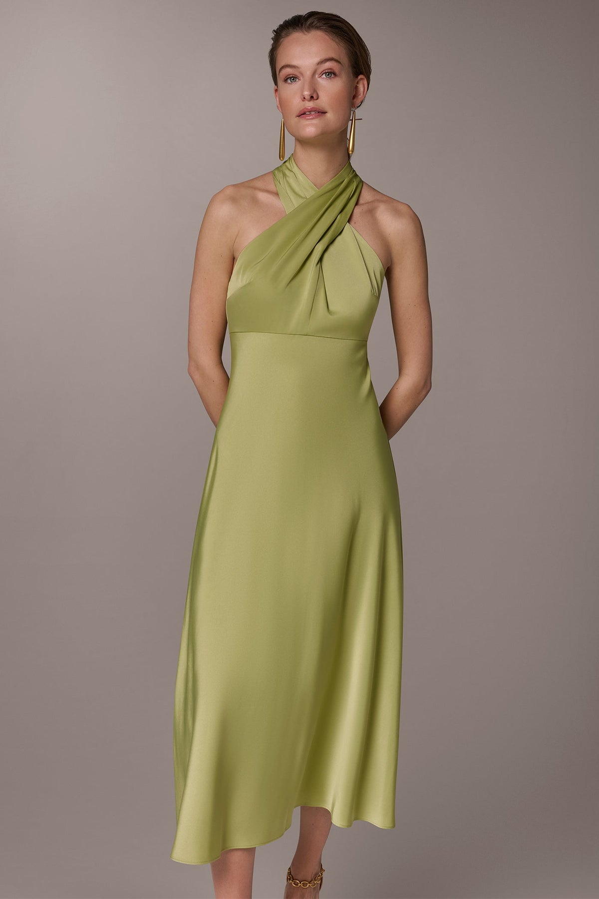 SATIN MIDI A-LINE HALTER DRESS