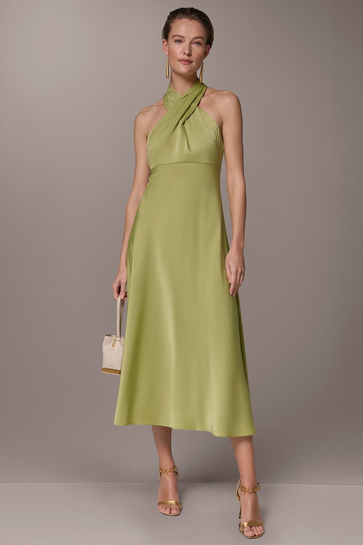 SATIN MIDI A-LINE HALTER DRESS