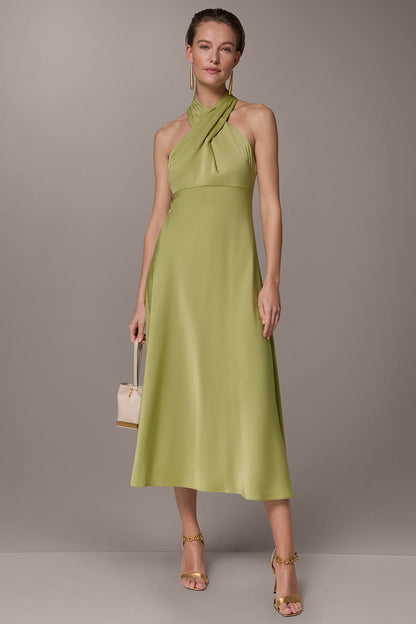 SATIN MIDI A-LINE HALTER DRESS