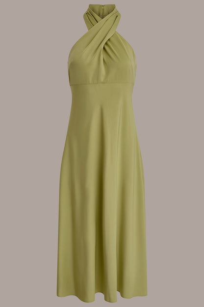 SATIN MIDI A-LINE HALTER DRESS
