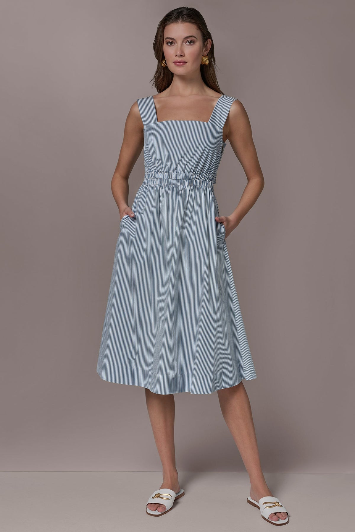COTTON-POPLIN STRIPE CUTOUT MIDI DRESS
