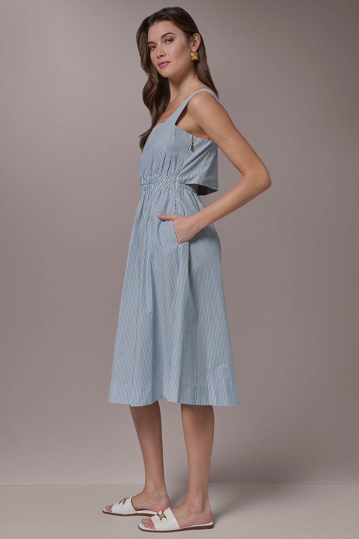COTTON-POPLIN STRIPE CUTOUT MIDI DRESS