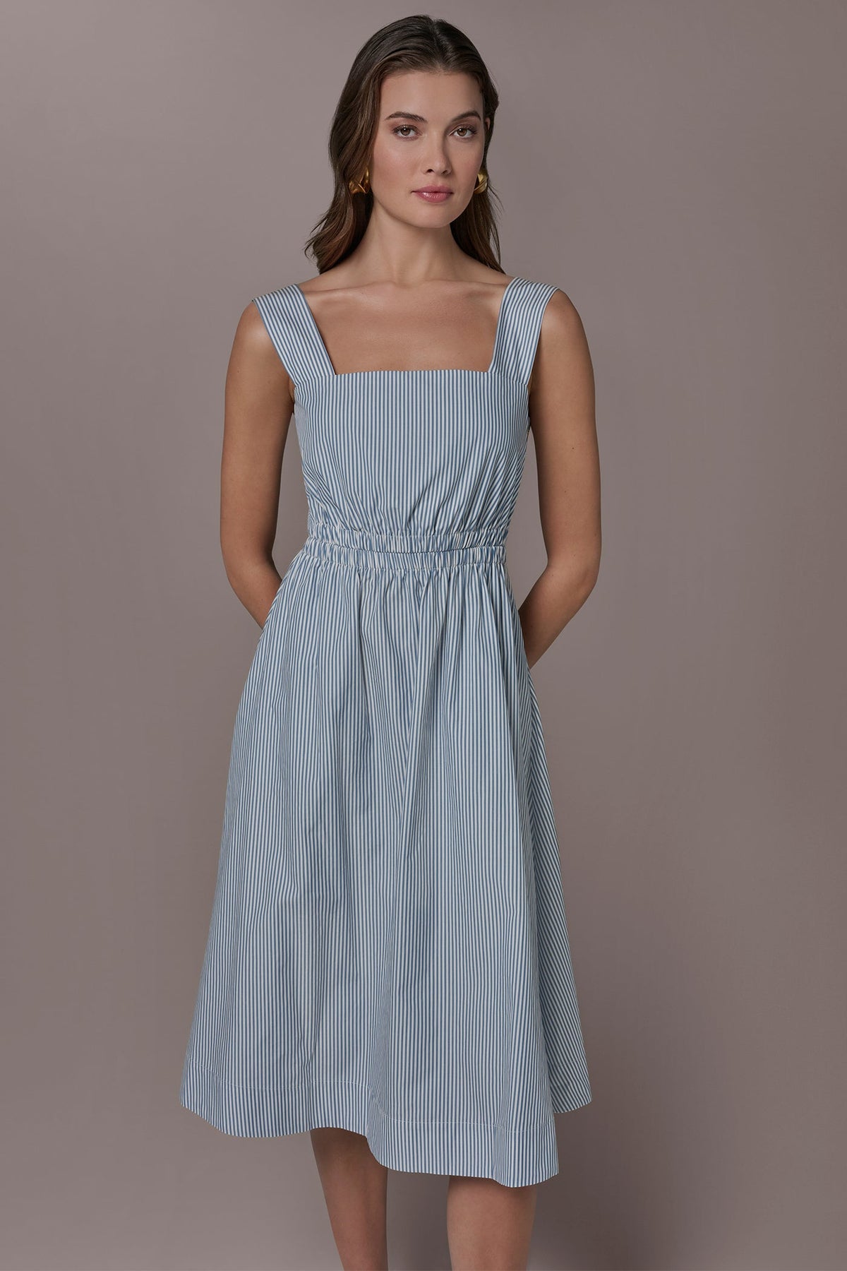 COTTON-POPLIN STRIPE CUTOUT MIDI DRESS